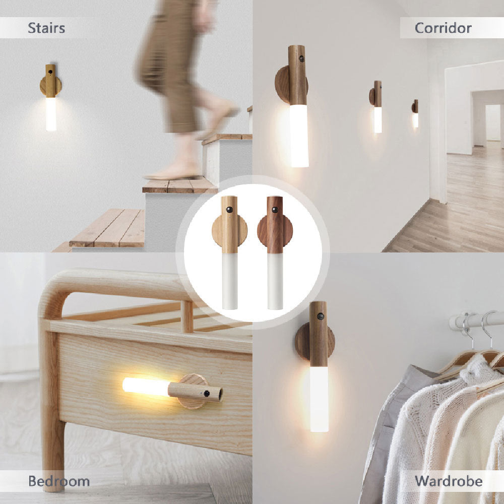 Motion Sensor Night Light – Wooden Design | USB Rechargeable | Warm Ambient Lighting