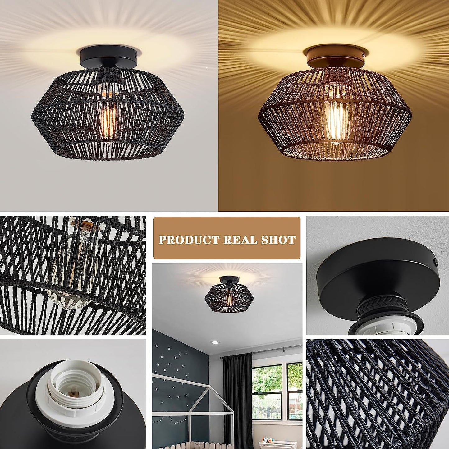 Jute Woven Ceiling Lamp - Hexagonal Design