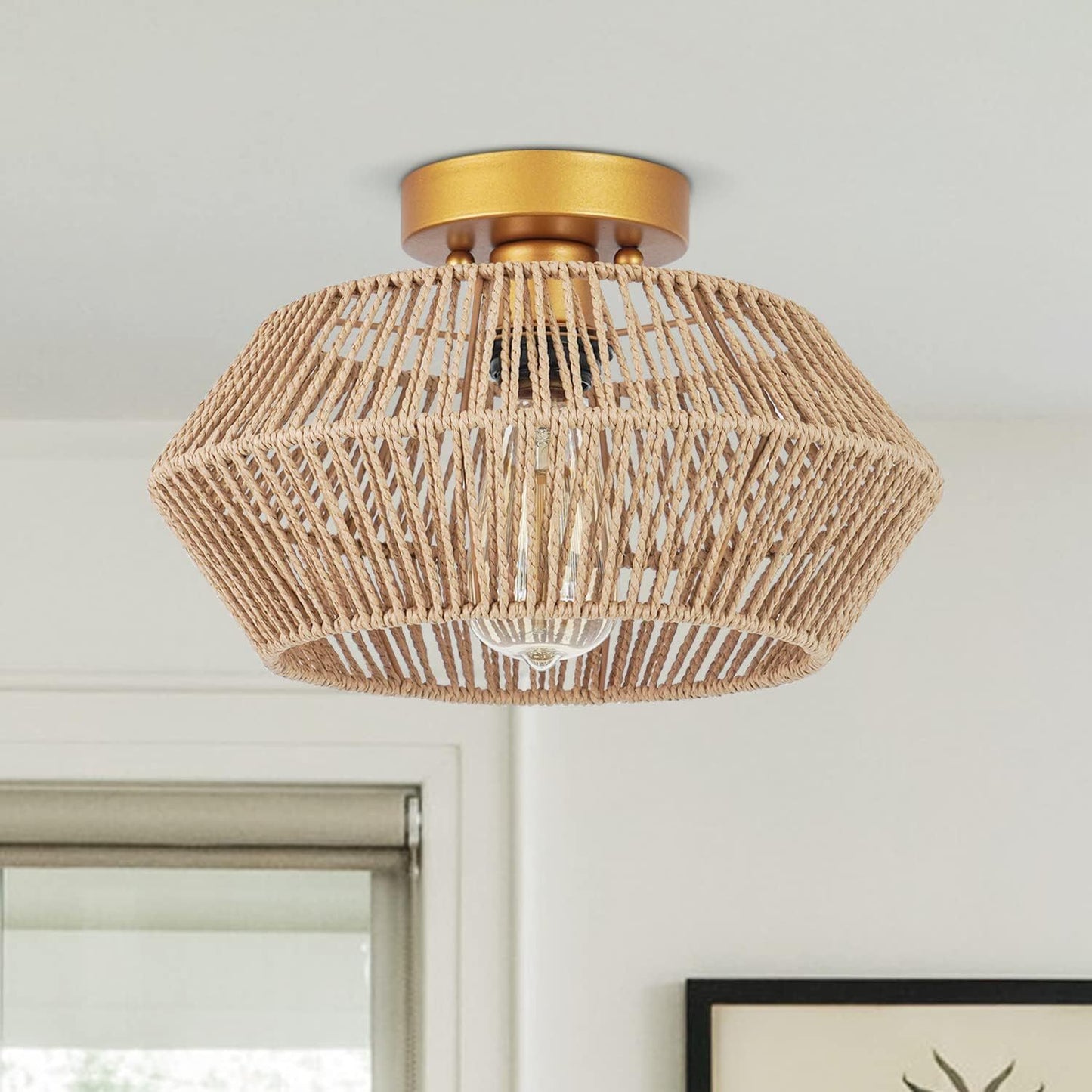 Jute Woven Ceiling Lamp - Hexagonal Design