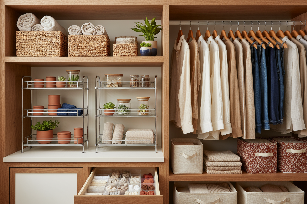 Home organization and storage solutions including wicker baskets, under-sink shelves, closet organizers, drawer dividers, and clothing storage bins arranged in an organized display