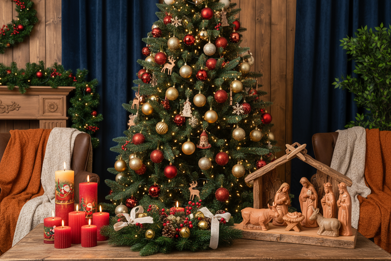 Decoración navideña elegante con velas, adornos festivos y elementos en tonos cálidos de madera natural, terracota y crema - Colección de Navidad HTrend