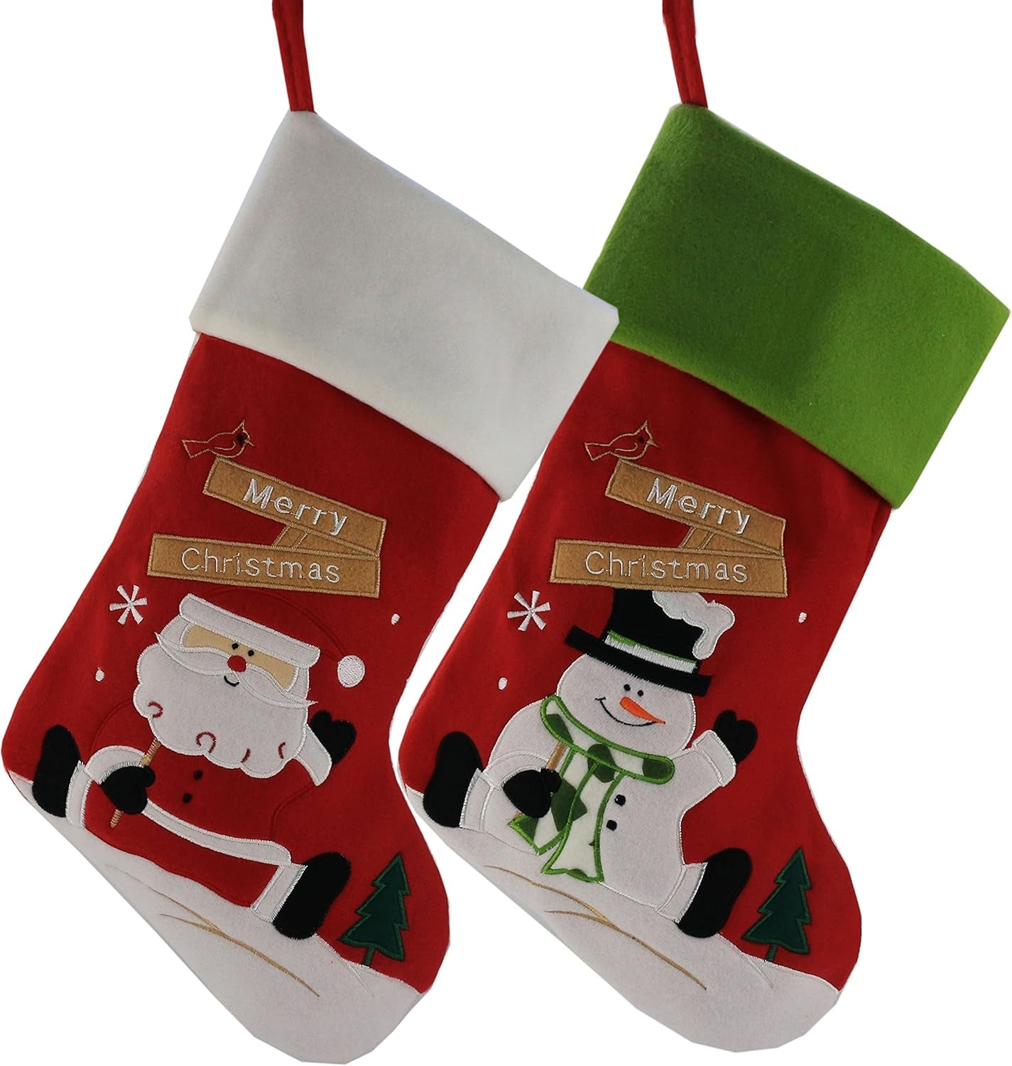 WEWILL Classic White Silvery Christmas Stockings Set of 2 Santa, Snowman Xmas Character Fireplace Hanging Stockings 17 Inches for Holiday Party Family