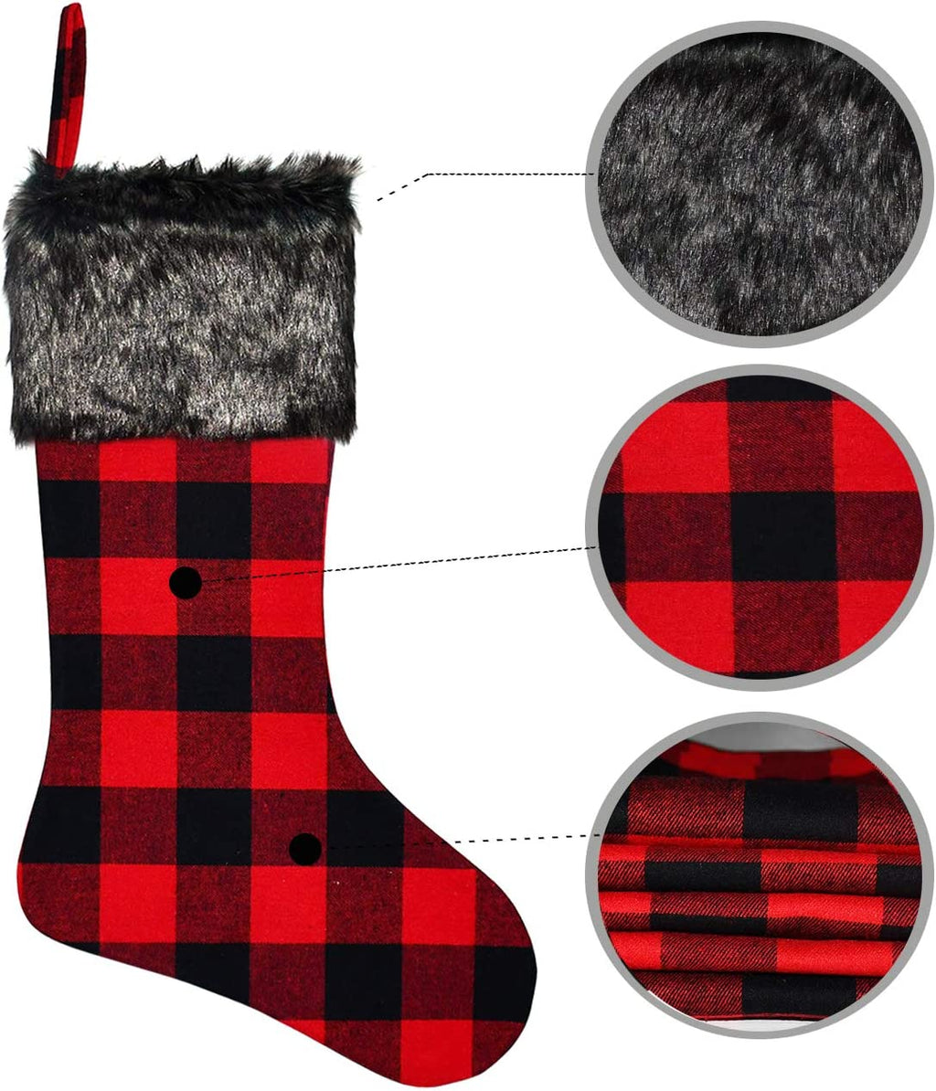 Senneny Christmas Stockings - 4 Pack 18" Red Black Buffalo Plaid Stockings with Plush Faux Fur Cuff, Classic Large Christmas Decorations