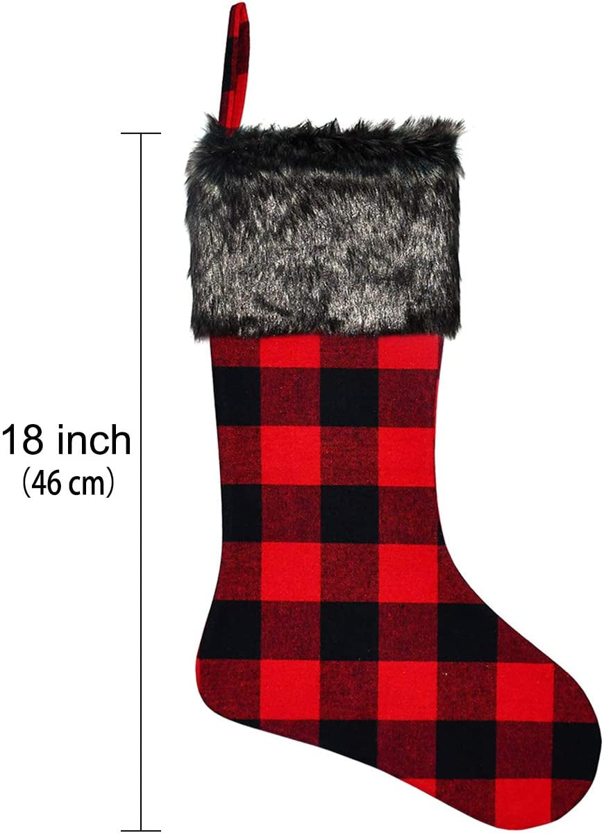 Senneny Christmas Stockings - 4 Pack 18" Red Black Buffalo Plaid Stockings with Plush Faux Fur Cuff, Classic Large Christmas Decorations
