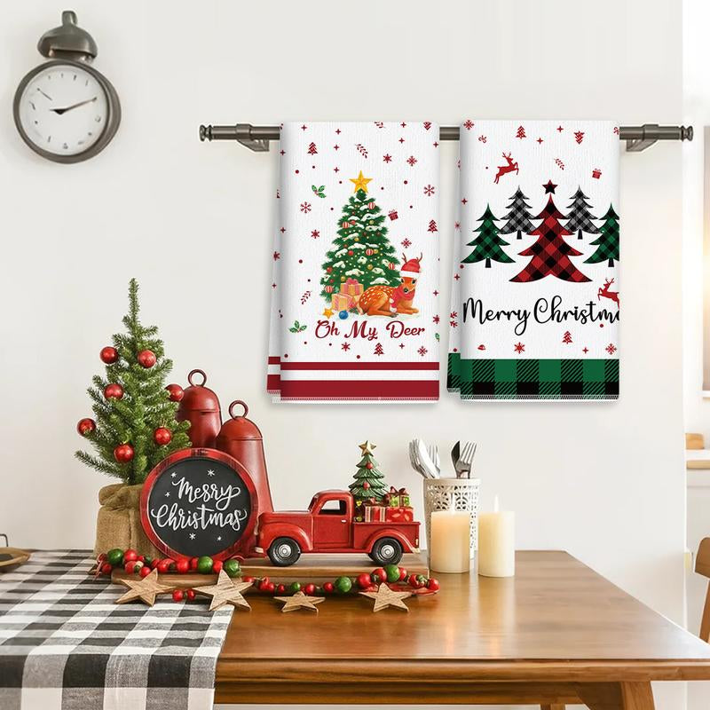 5Pcs Christmas Kitchen Towel Dish Towels and Dishcloths Merry Christmas Tree Reindeer Truck Santa Claus Cartoon Design 15 X 23 Inch Holiday Home Indoor Bathroom Party Noel Decorations Hand Towels Gift Supplies