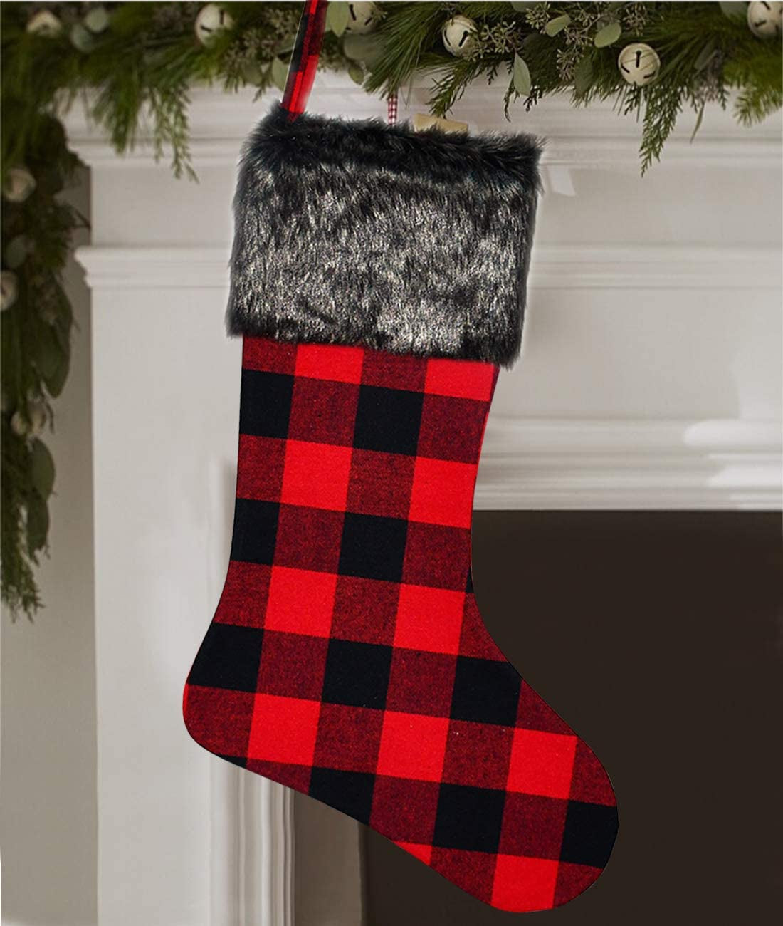 Senneny Christmas Stockings - 4 Pack 18" Red Black Buffalo Plaid Stockings with Plush Faux Fur Cuff, Classic Large Christmas Decorations