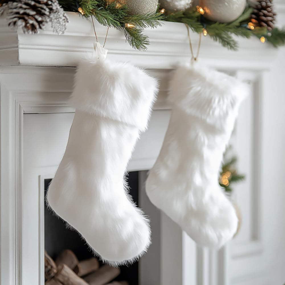 AISENO 2 Pack 18 Inch Snowy White Christmas Stockings Faux Fur Christmas Stockings Hanging Ornaments Candy Gift Bags for Christmas Decorations