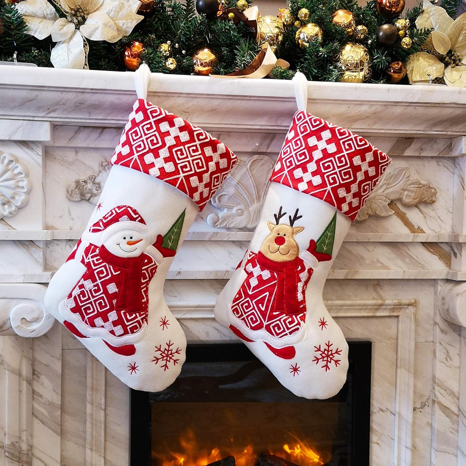 WEWILL Classic White Silvery Christmas Stockings Set of 2 Santa, Snowman Xmas Character Fireplace Hanging Stockings 17 Inches for Holiday Party Family