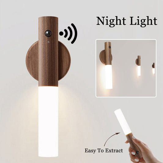Motion Sensor Night Light – Wooden Design | USB Rechargeable | Warm Ambient Lighting