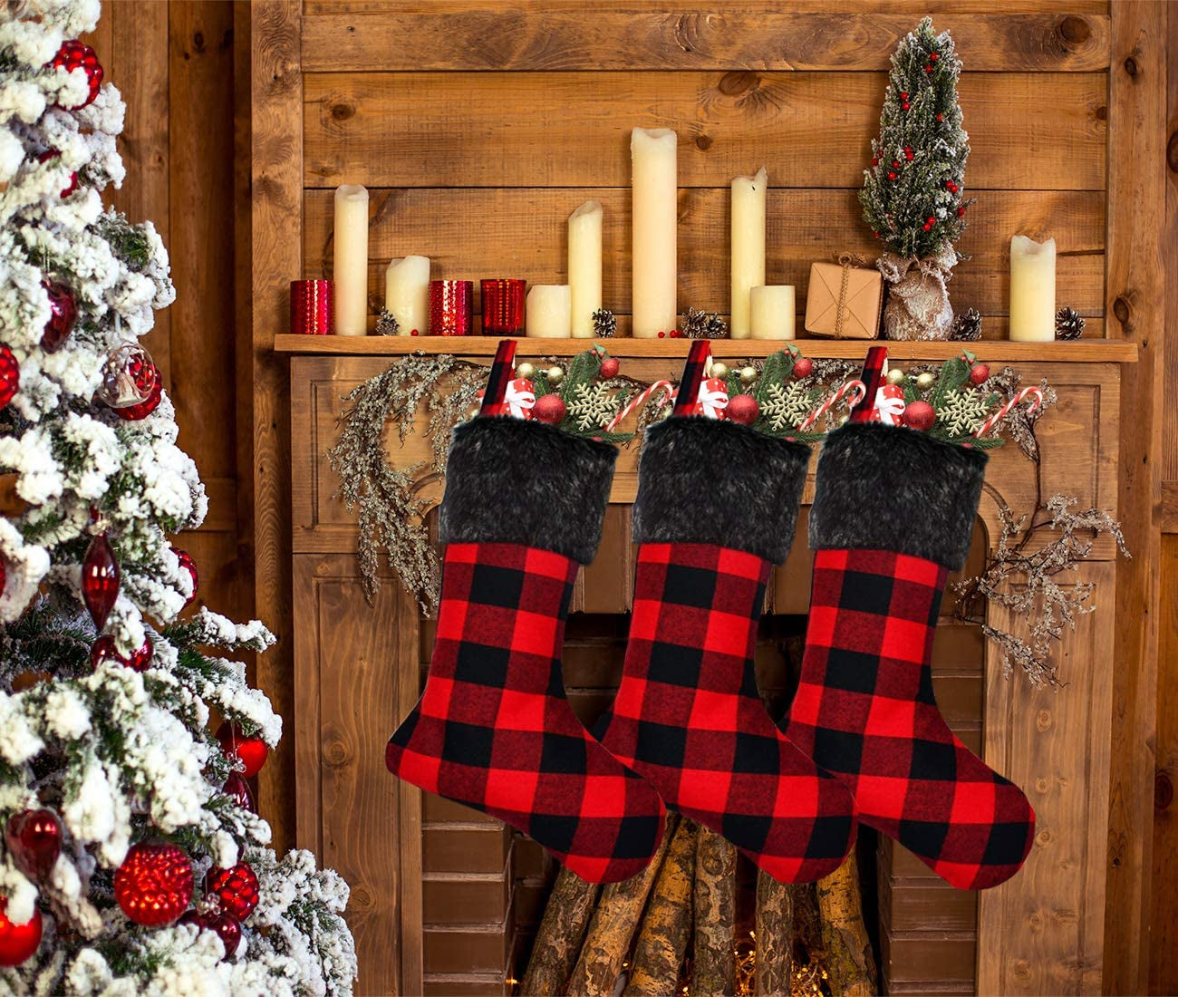 Senneny Christmas Stockings - 4 Pack 18" Red Black Buffalo Plaid Stockings with Plush Faux Fur Cuff, Classic Large Christmas Decorations