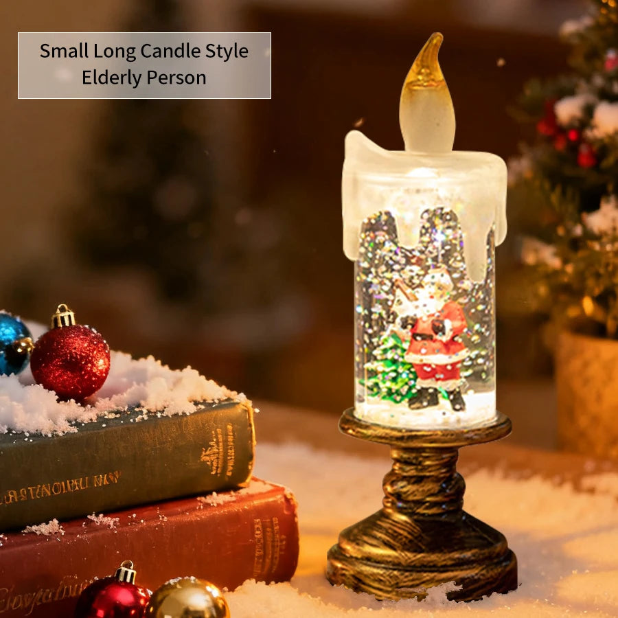 Decorative candle-style lamp with a small Santa Claus figure inside, surrounded by Christmas ornaments and books.