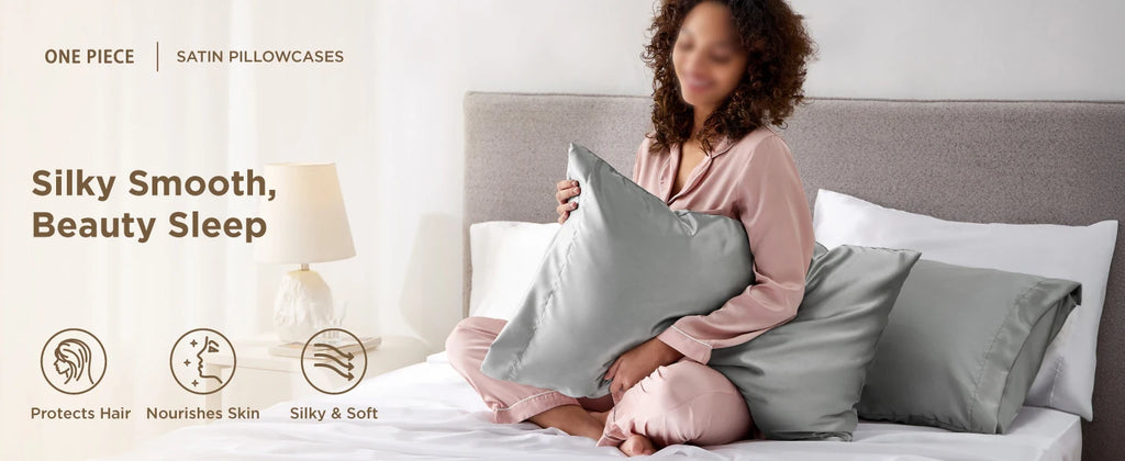 Woman holding a satin pillowcase with text about pillowcases on a bed.