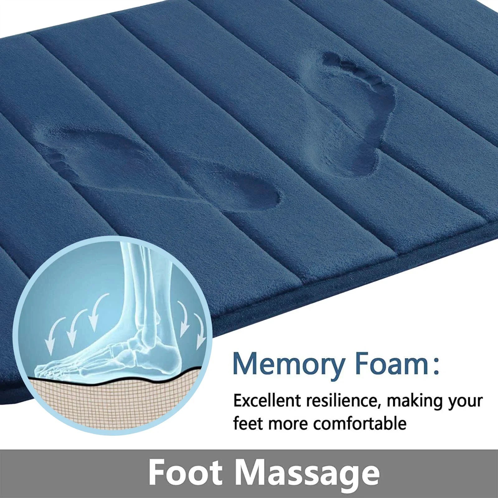 Blue bath mat with memory foam technology and foot massage feature.