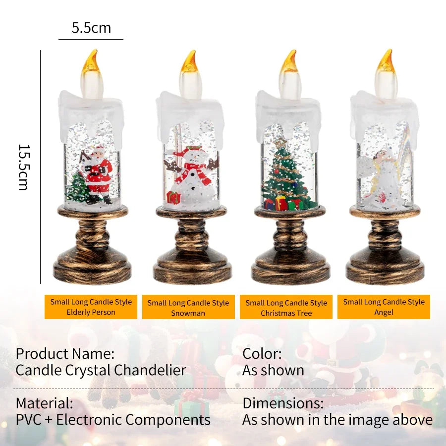 Set of four candle crystal chandeliers with different Christmas-themed figures on a white background.