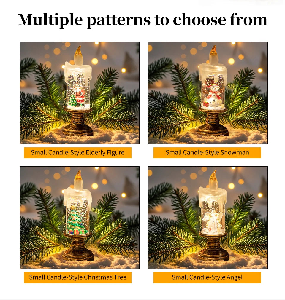 Four different candle-style figures in a glass container with Christmas-themed decorations on a snowy background.