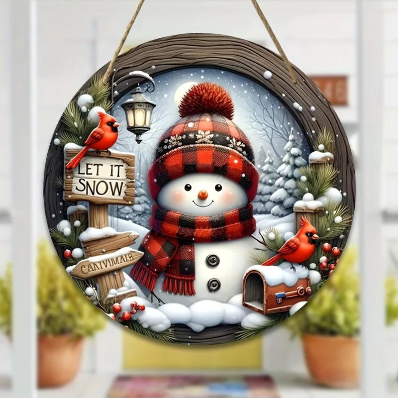 Round Christmas wreath with snowman design 8 inch holiday door hanger
