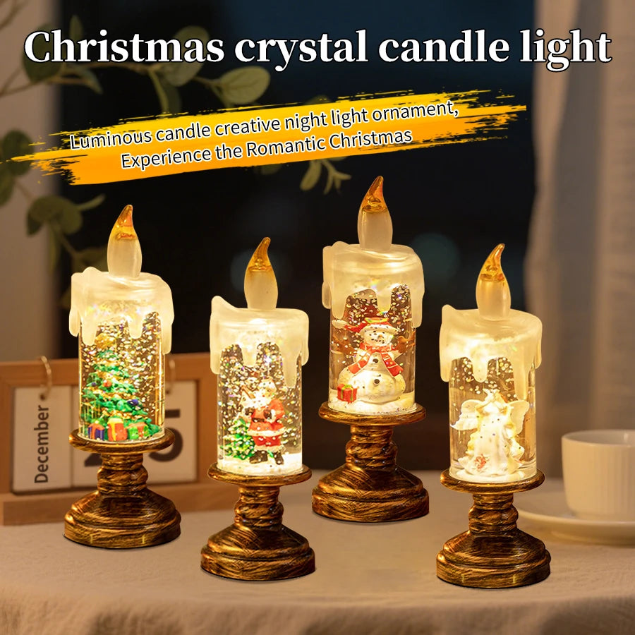 Set of Christmas crystal candle lights with decorative figures on a table.