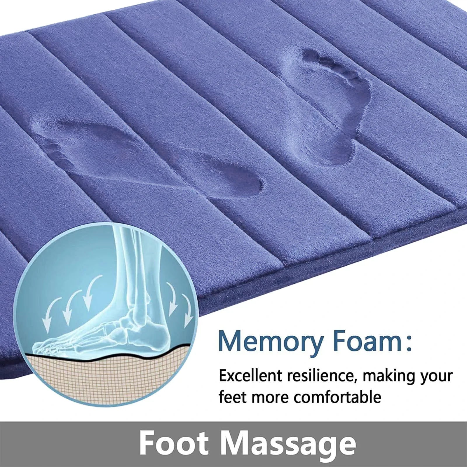 Blue bath mat with memory foam technology and foot massage feature, showing texture and resilience.