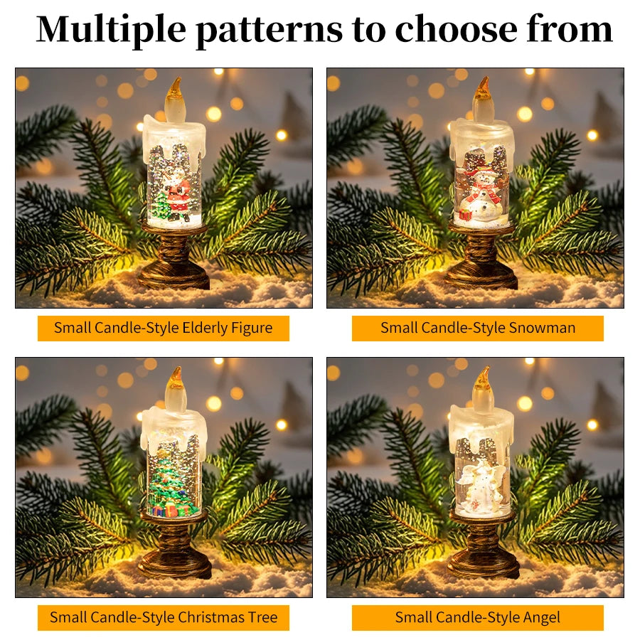 Four candle-style figures with different patterns on a decorative background.