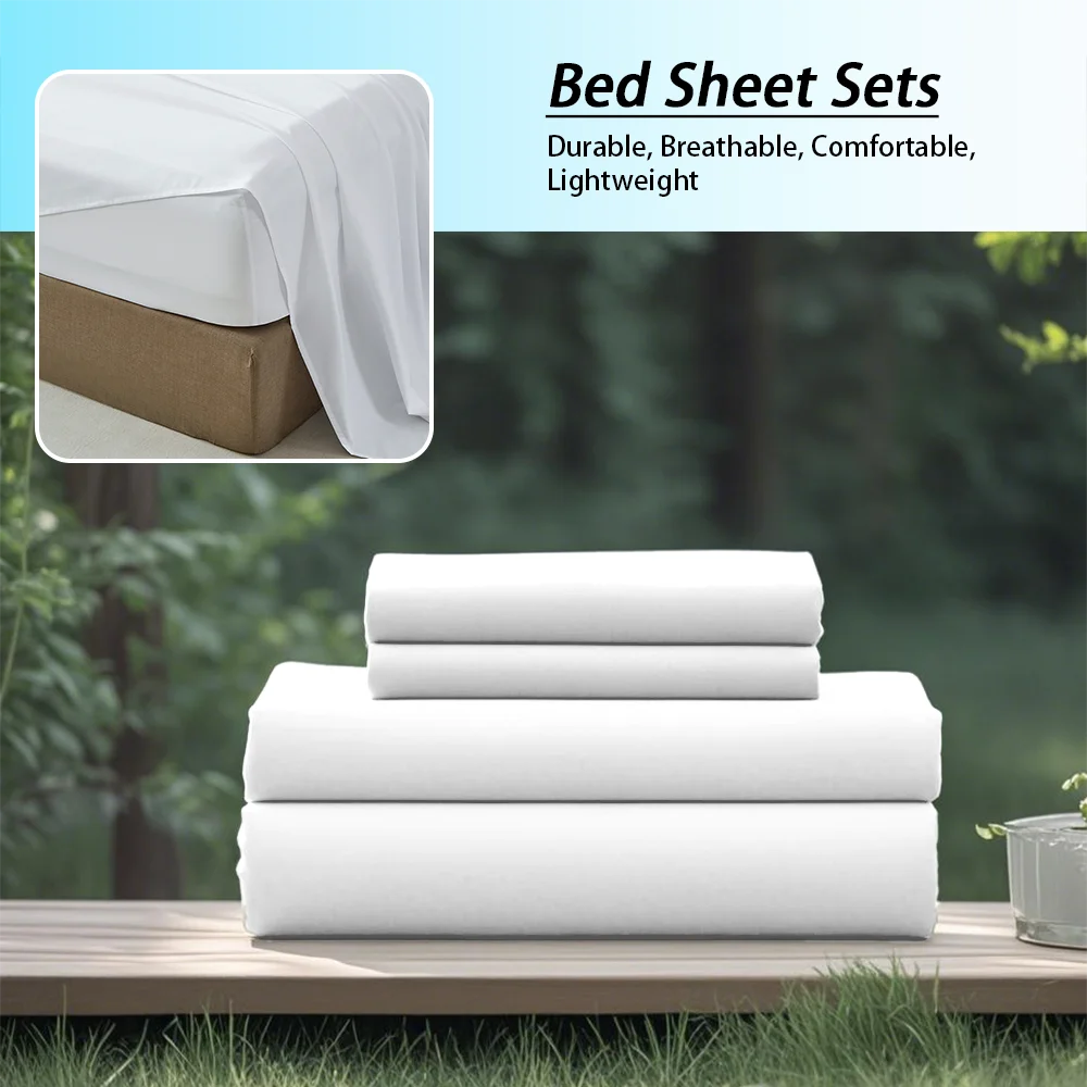 Stack of white bed sheets with a forest background