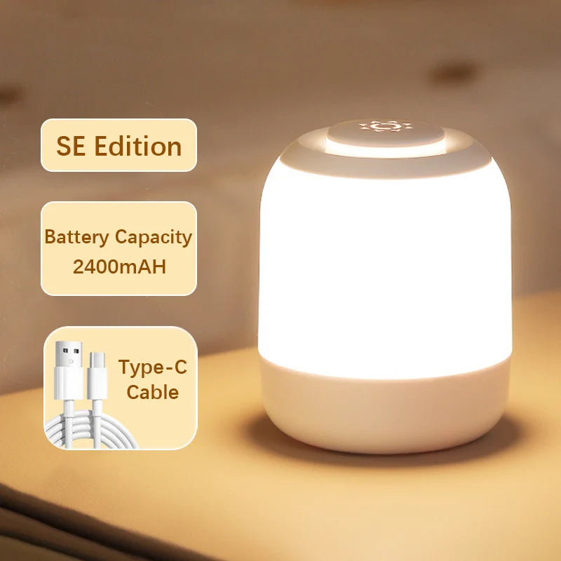 White LED night light with SE Edition, battery capacity, and Type-C cable information on a warm background.