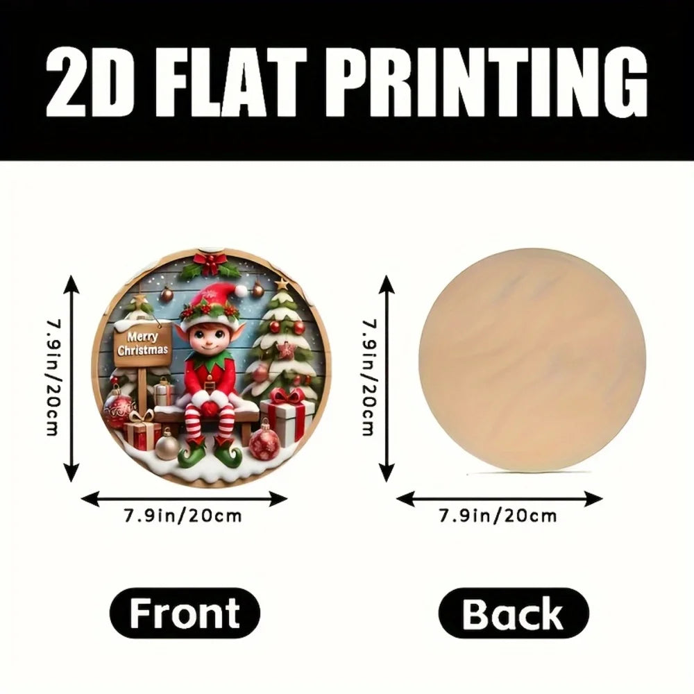2D flat printing design with Christmas elf and tree, showing front and back dimensions.