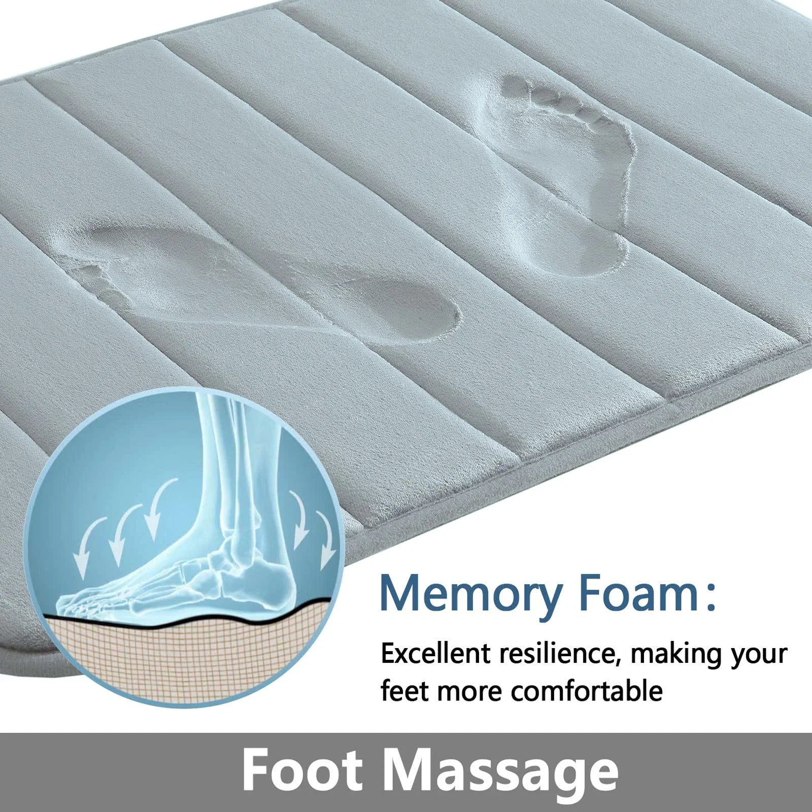Memory foam mat with foot massage feature and text highlighting its comfort.