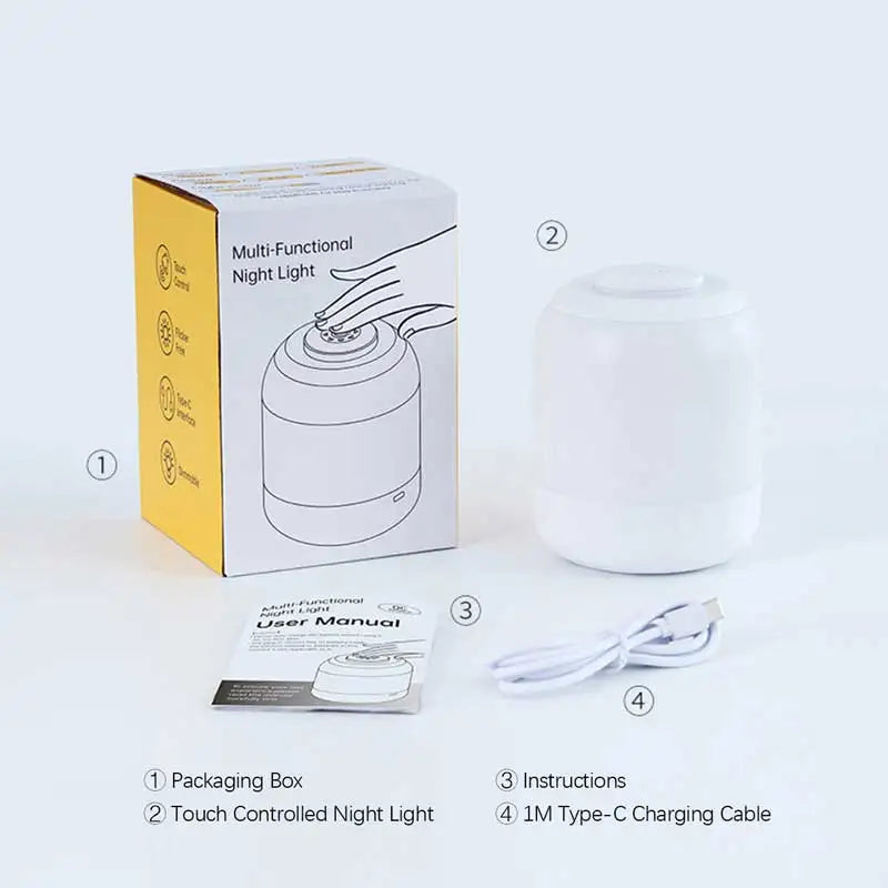 Multi-functional night light with packaging, user manual, and charging cable on a white background
