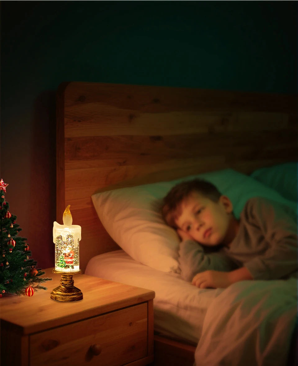 Child lying in bed next to a nightstand with a lit decorative candle