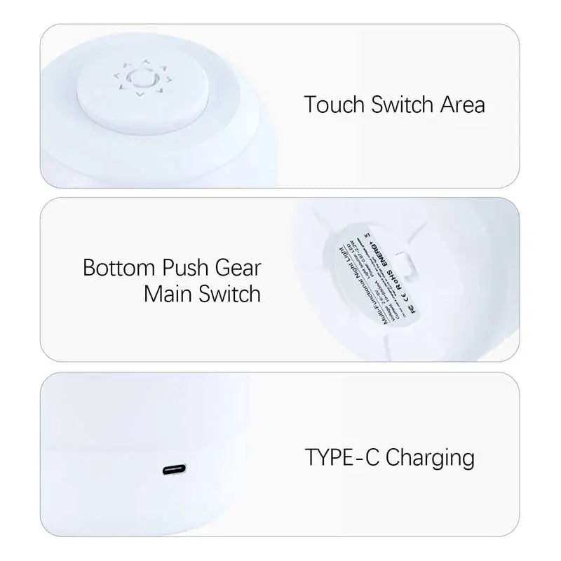 Diagram of a device with labeled components including touch switch area, bottom push gear, main switch, and TYPE-C charging.