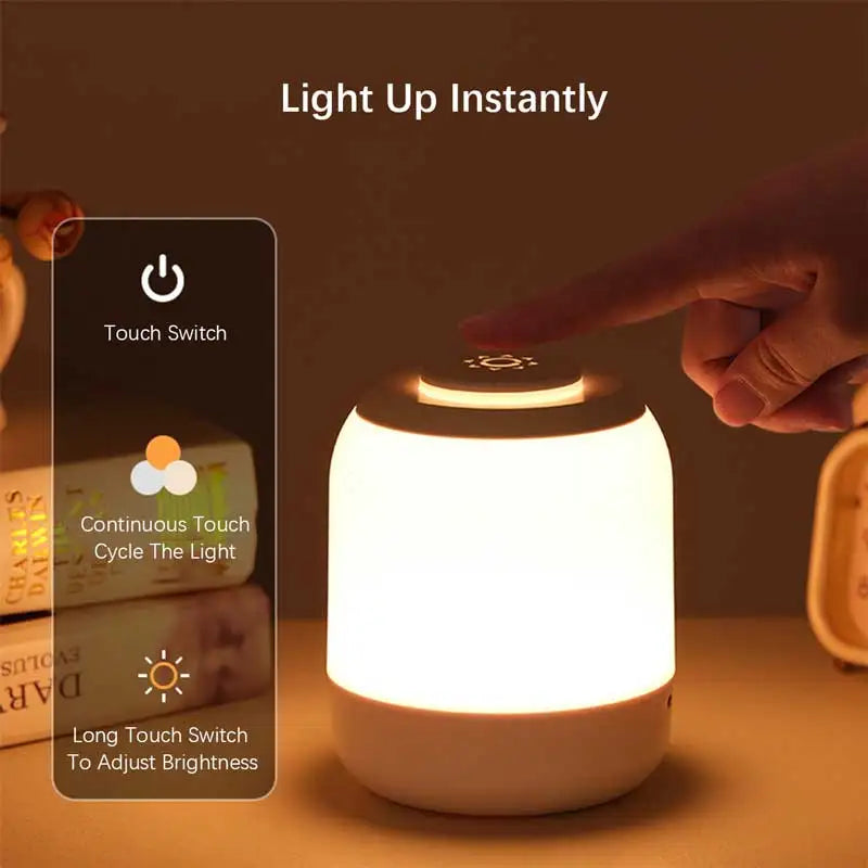 Hand pressing a touch switch on a night light with text explaining features.