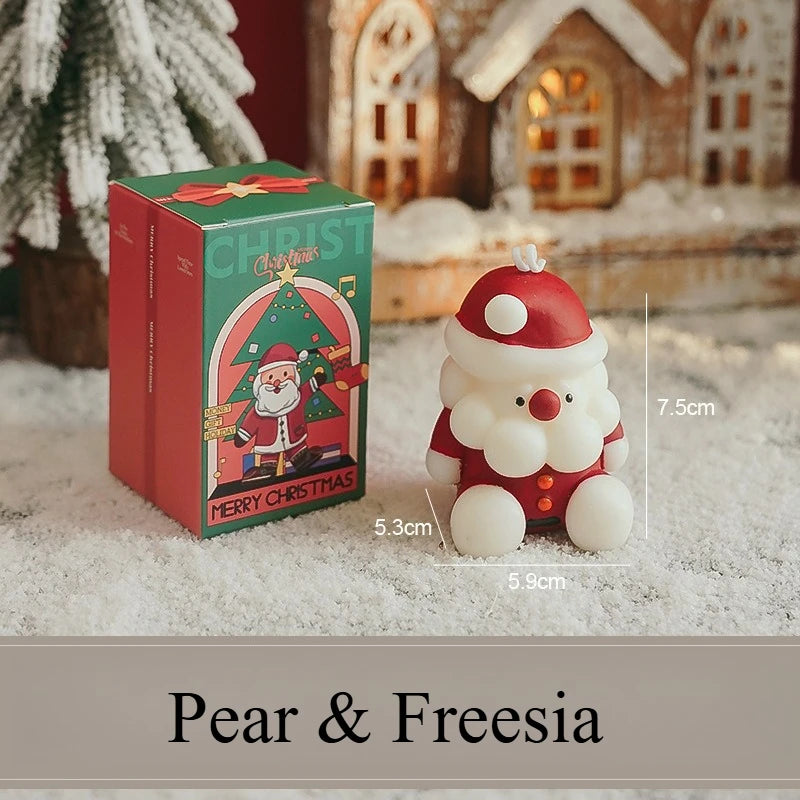 Christmas-themed candle and packaging with measurements on a snowy background