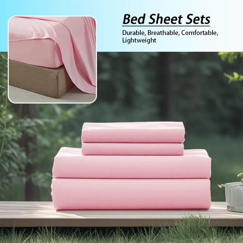 Pink bed sheet set with a forest background