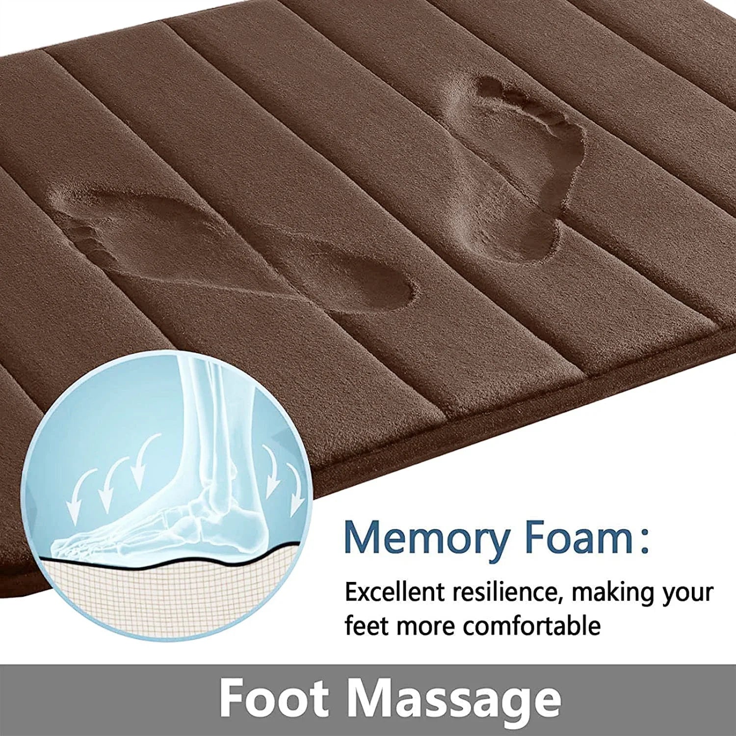Brown bath mat with foot imprint and memory foam illustration, labeled 'Foot Massage'.