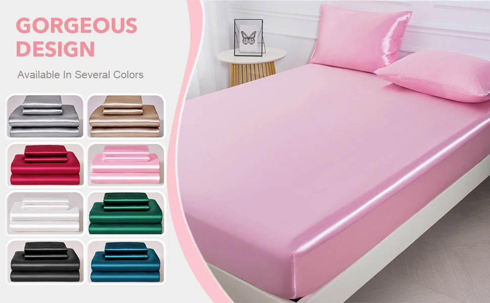 Pink satin sheet set with color options displayed on a white background