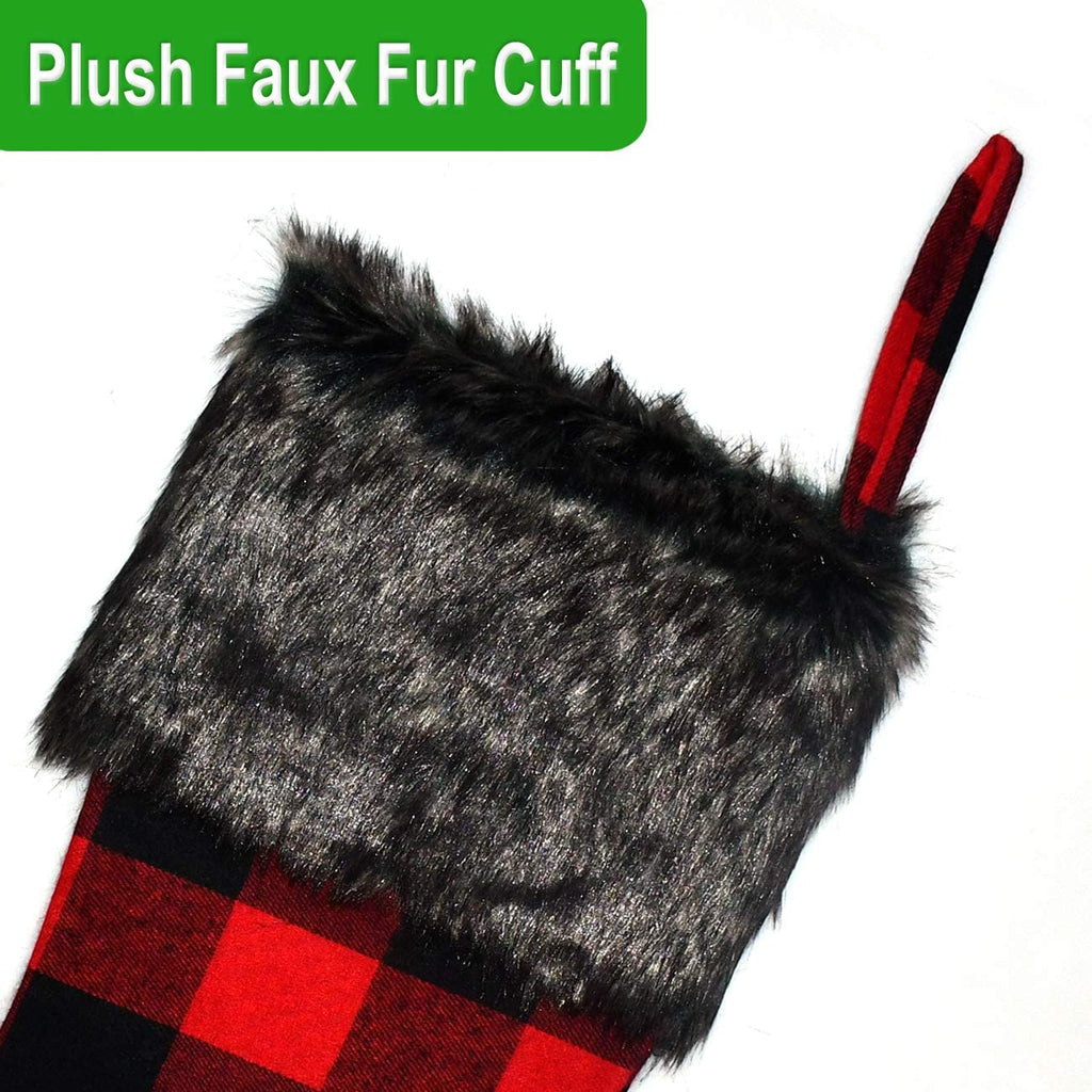 Senneny Christmas Stockings - 4 Pack 18" Red Black Buffalo Plaid Stockings with Plush Faux Fur Cuff, Classic Large Christmas Decorations