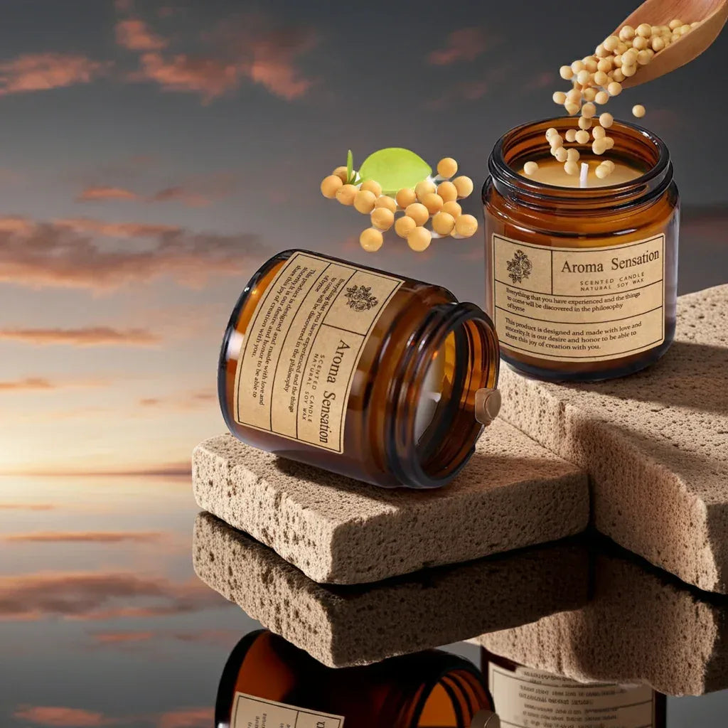 Aromatic Serenity candle in amber jar with soy beads and lime, set against a serene sunset background.