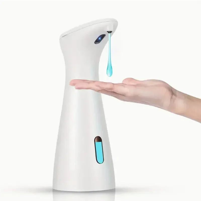 Automatic hand sanitizer dispenser with a sleek white design dispensing liquid sanitizer.