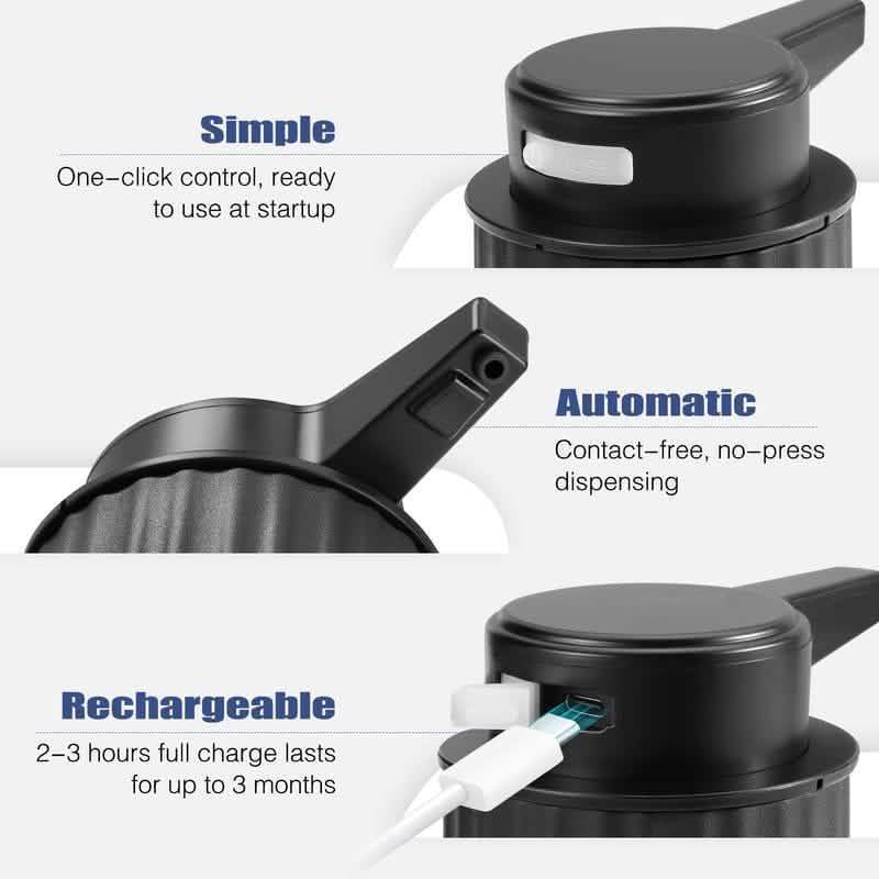 Automatic soap dispenser with one-click control and rechargeable feature for easy use.