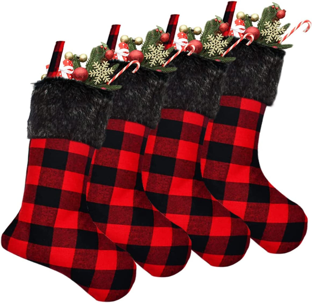 Senneny Christmas Stockings - 4 Pack 18" Red Black Buffalo Plaid Stockings with Plush Faux Fur Cuff, Classic Large Christmas Decorations
