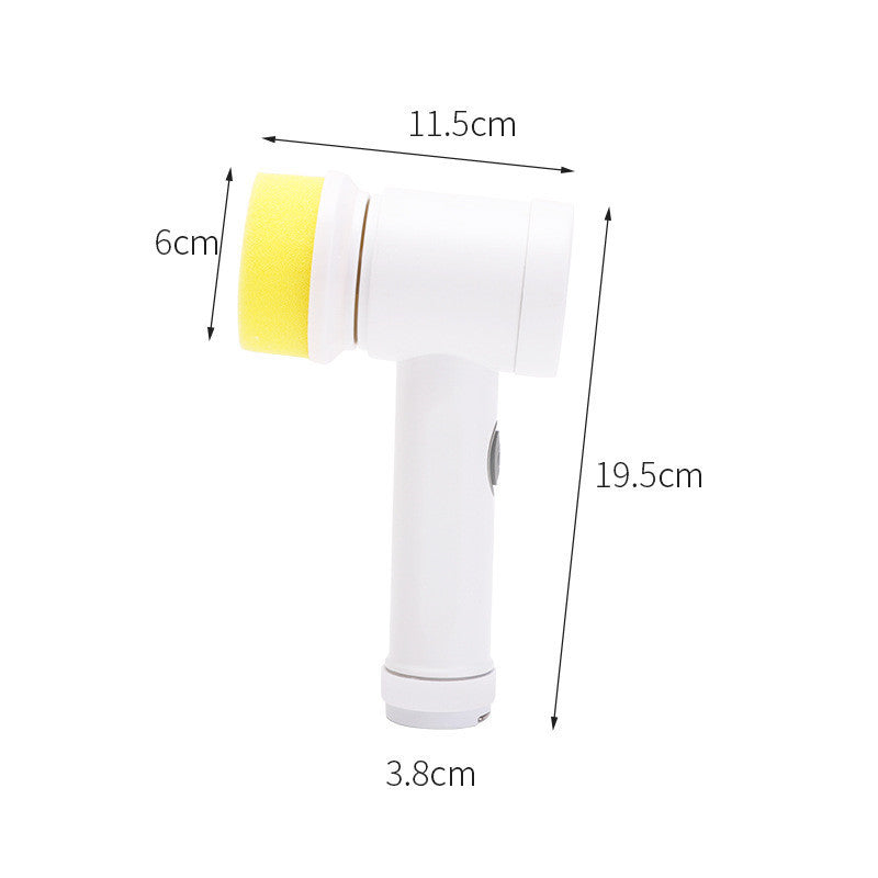 White handheld device with a yellow brush head, showing dimensions on a white background.