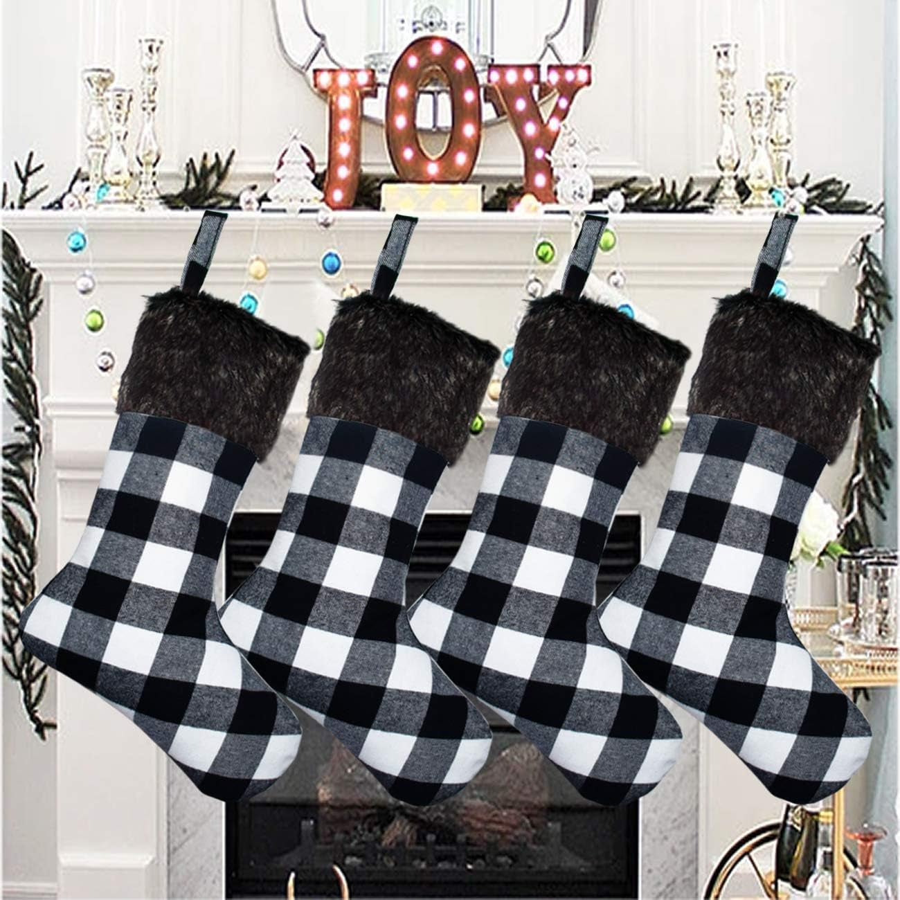 Senneny Christmas Stockings - 4 Pack 18" Red Black Buffalo Plaid Stockings with Plush Faux Fur Cuff, Classic Large Christmas Decorations