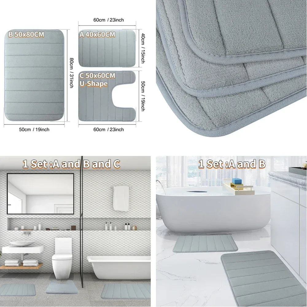 Gray bathroom rug set includes U-shaped and rectangular mats for comfort and style.