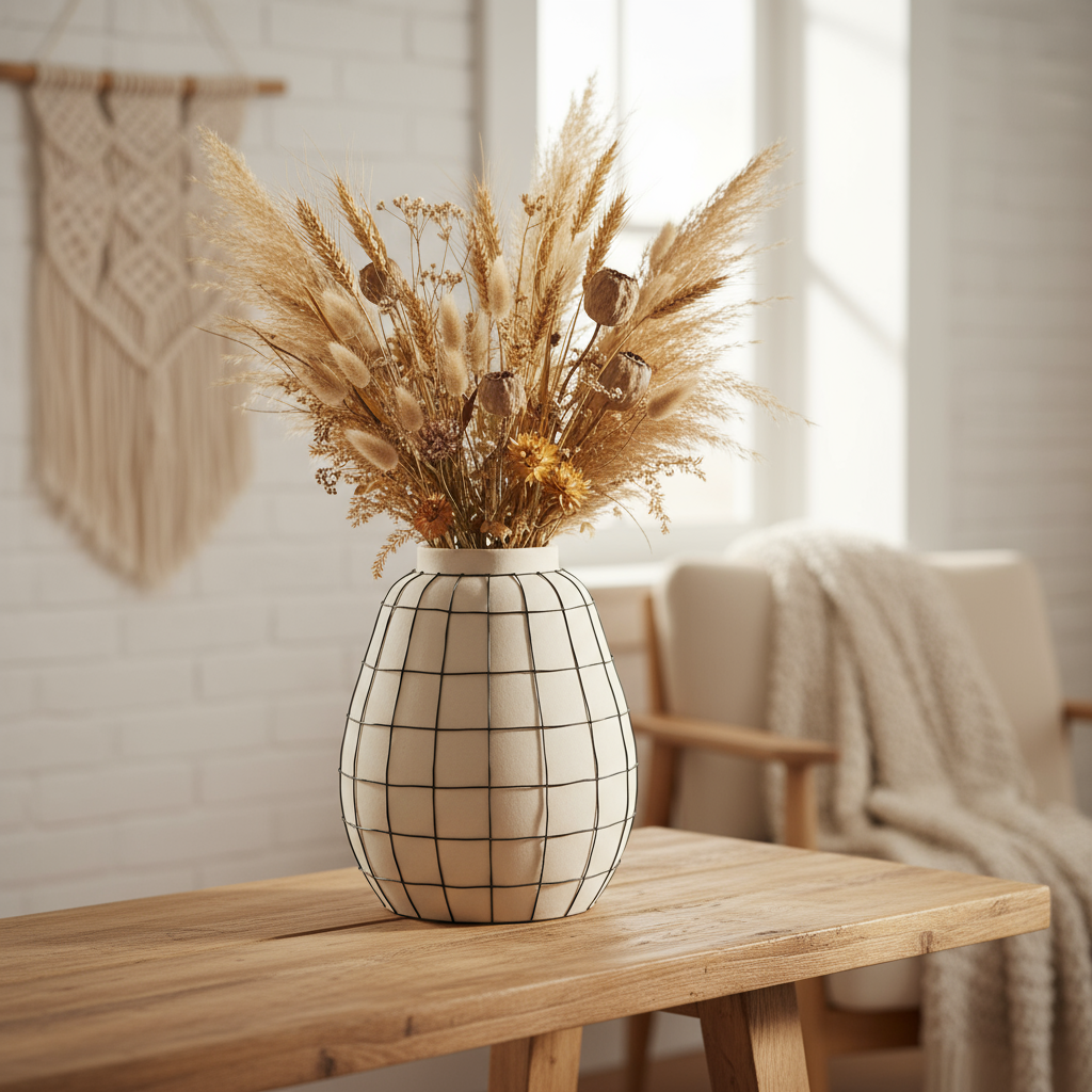 Cream vase dried wheat pampas bohemian home decor
