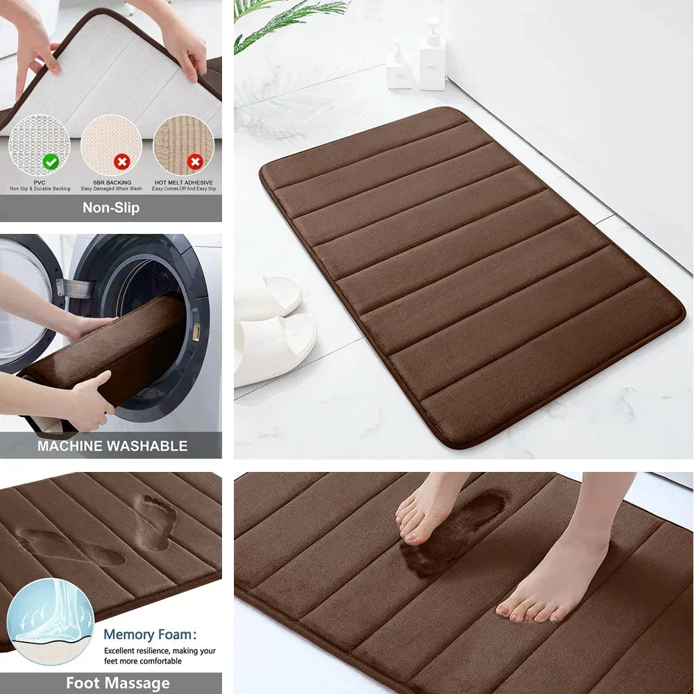 Memory Foam Bath Mat in brown color with non-slip backing and machine washable feature.