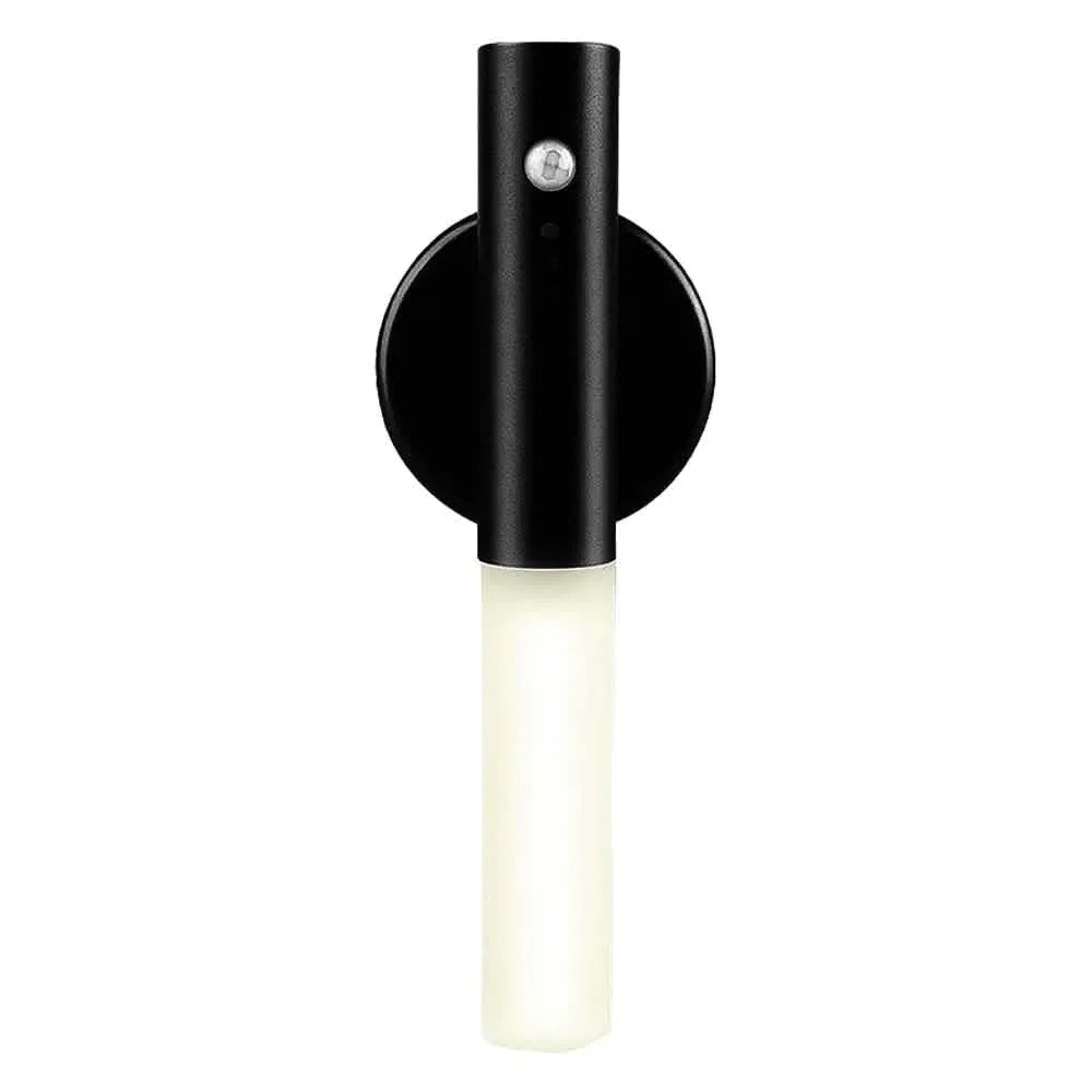 Modern wall sconce light with a sleek black finish and a frosted glass shade.