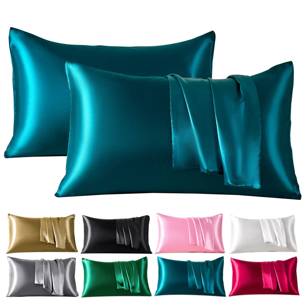 Teal Satin Pillowcases with Elegant Satin Ribbon, perfect for luxurious bedroom decor.