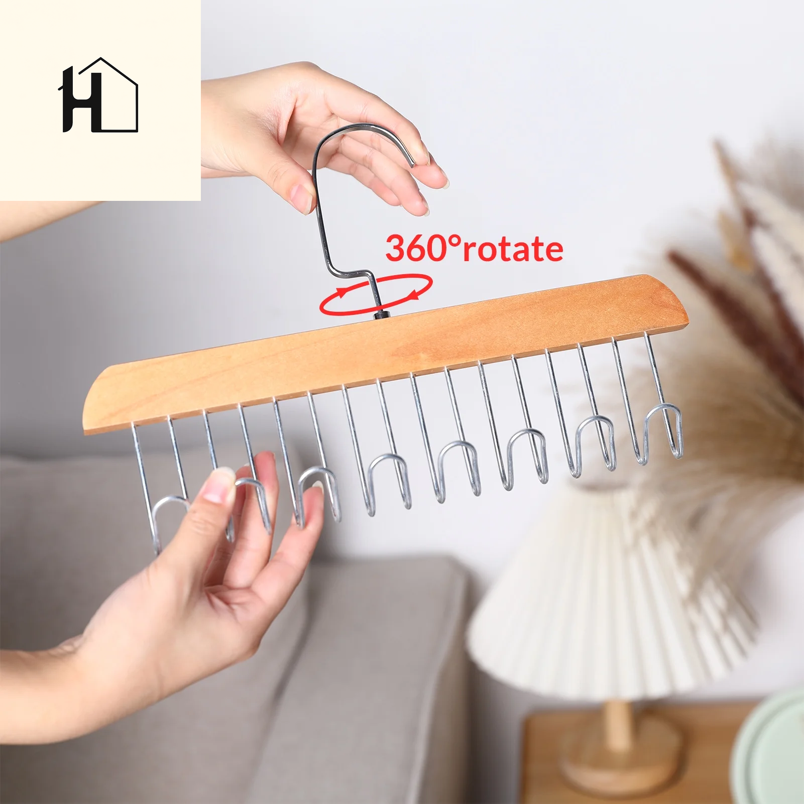 Topekada 3 Pack Belt and Bra Hangers with Hooks,Space Saving Bra Hangers for Closet and Laundry,360 Degree Rotating Wooden Tie Hanger with 8 Hooks for Tank Top,Jeans,Scarf(Nature)