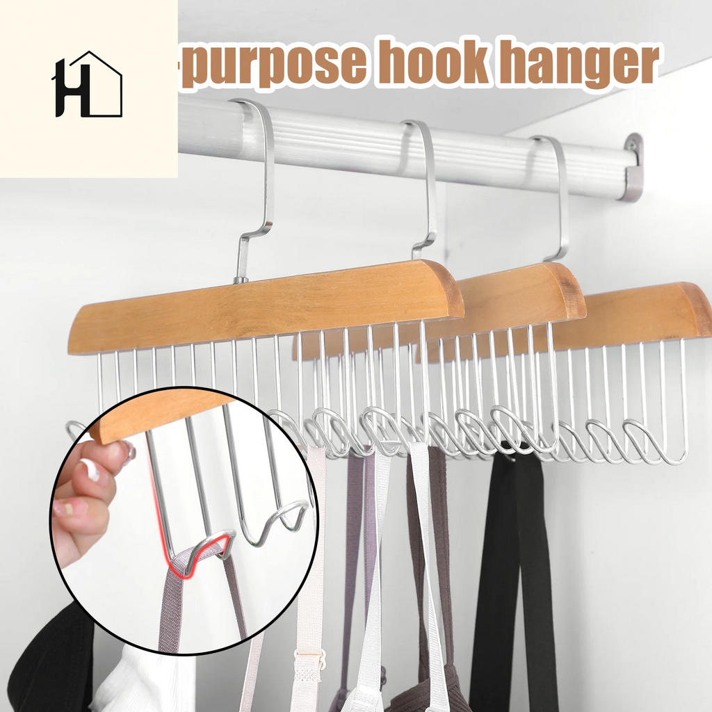 Topekada 3 Pack Belt and Bra Hangers with Hooks,Space Saving Bra Hangers for Closet and Laundry,360 Degree Rotating Wooden Tie Hanger with 8 Hooks for Tank Top,Jeans,Scarf(Nature)
