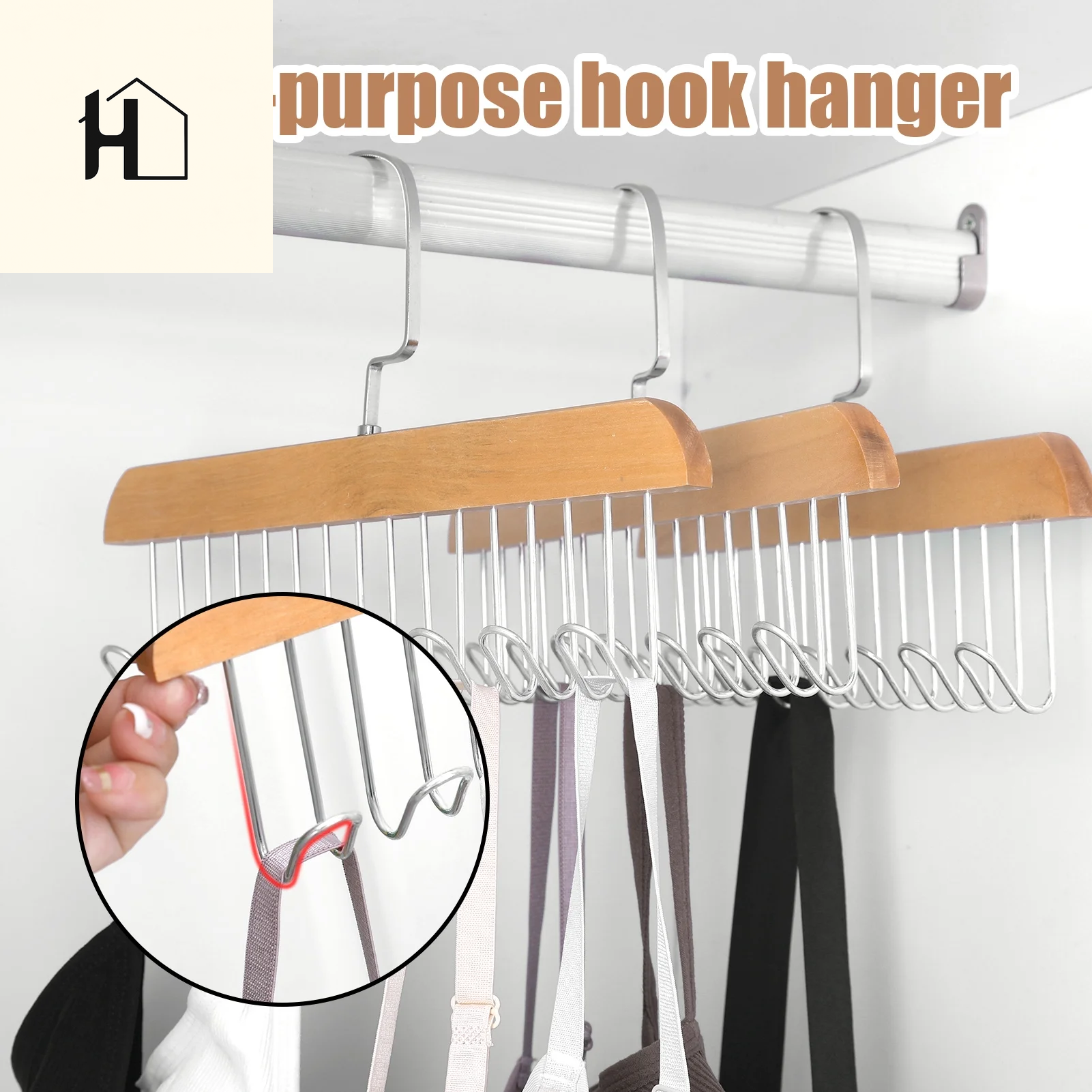 Topekada 3 Pack Belt and Bra Hangers with Hooks,Space Saving Bra Hangers for Closet and Laundry,360 Degree Rotating Wooden Tie Hanger with 8 Hooks for Tank Top,Jeans,Scarf(Nature)